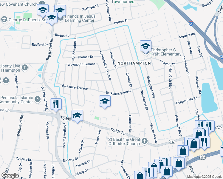 map of restaurants, bars, coffee shops, grocery stores, and more near 37 Londonshire Terrace in Hampton