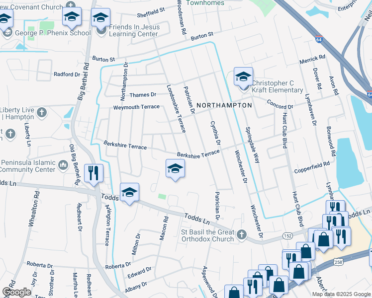 map of restaurants, bars, coffee shops, grocery stores, and more near 37 Londonshire Terrace in Hampton