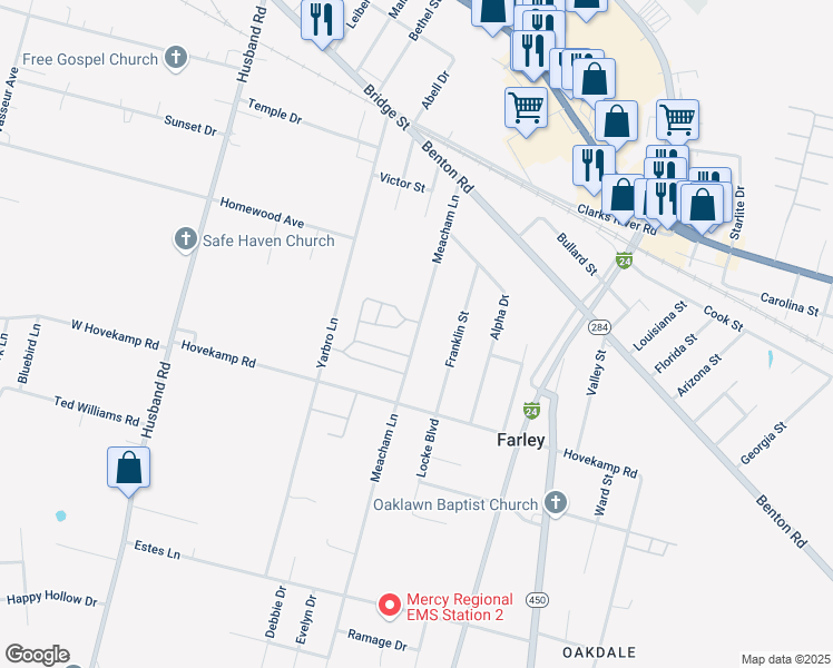 map of restaurants, bars, coffee shops, grocery stores, and more near 353-363 Meacham Avenue in Paducah