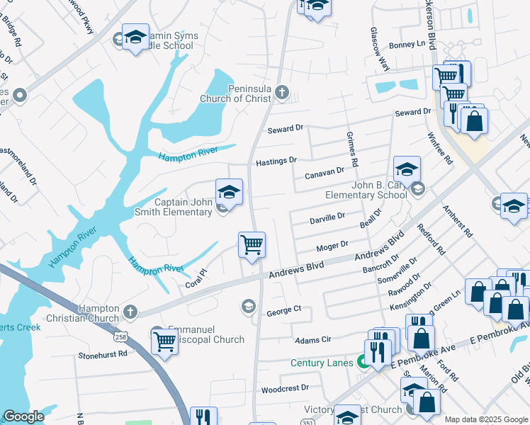 map of restaurants, bars, coffee shops, grocery stores, and more near 1404 Faulk Circle in Hampton