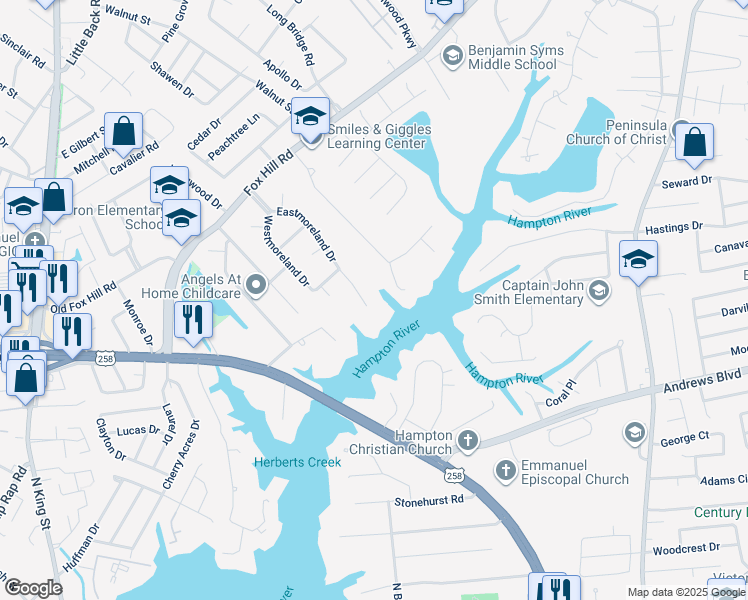 map of restaurants, bars, coffee shops, grocery stores, and more near 57 Eastmoreland Drive in Hampton