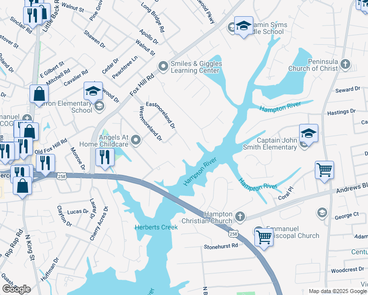 map of restaurants, bars, coffee shops, grocery stores, and more near 54 Eastmoreland Drive in Hampton