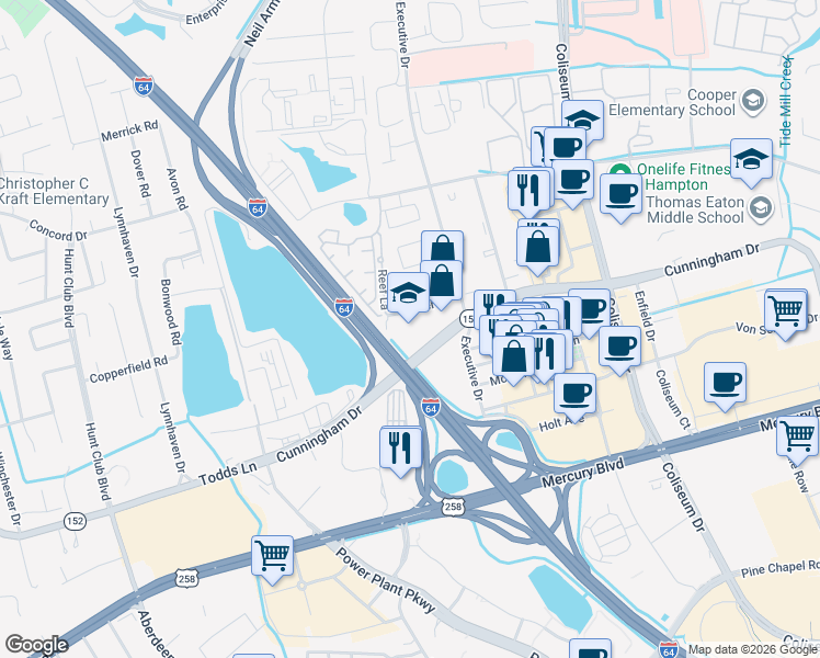 map of restaurants, bars, coffee shops, grocery stores, and more near 2311 Tower Pl in Hampton