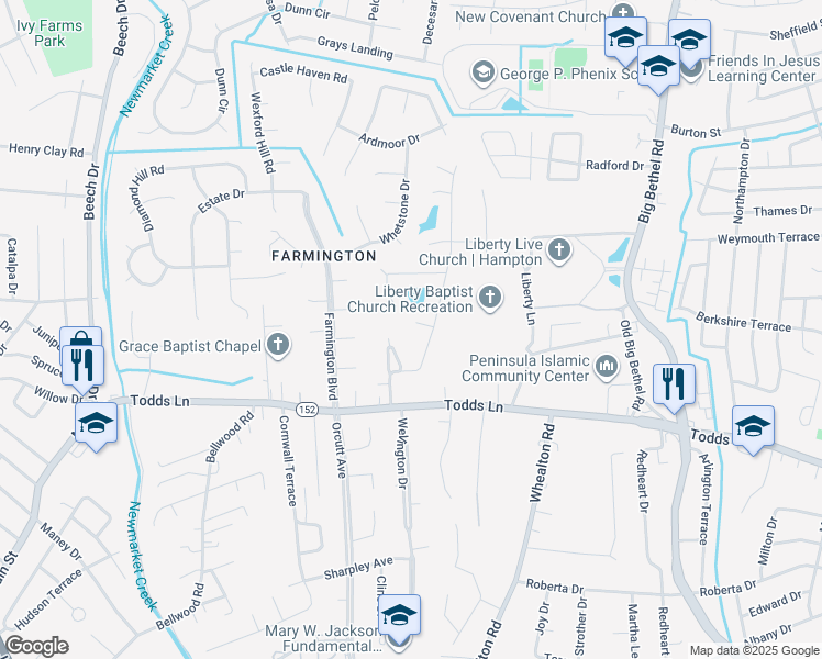 map of restaurants, bars, coffee shops, grocery stores, and more near 5 Arrowwood Ct in Hampton