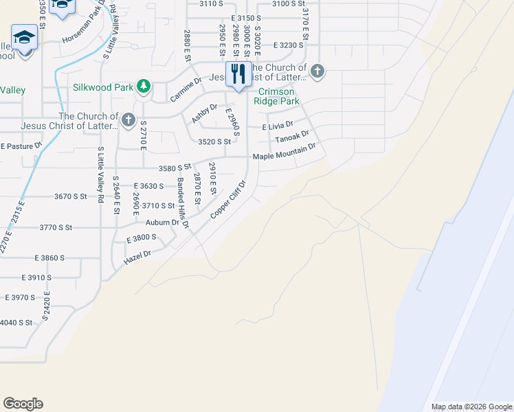 map of restaurants, bars, coffee shops, grocery stores, and more near 3048 East Silver Beech Circle in St. George