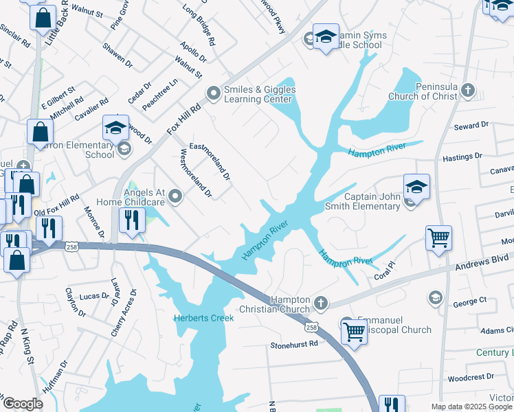 map of restaurants, bars, coffee shops, grocery stores, and more near 57 Eastmoreland Drive in Hampton