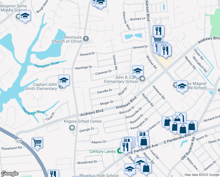map of restaurants, bars, coffee shops, grocery stores, and more near 1825 Darville Drive in Hampton