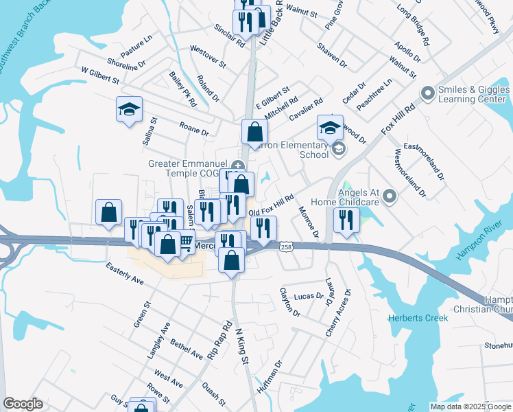 map of restaurants, bars, coffee shops, grocery stores, and more near 436 Jonquil Lane in Hampton