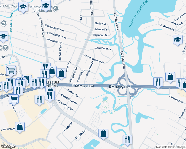 map of restaurants, bars, coffee shops, grocery stores, and more near 15 Hodges Drive in Hampton