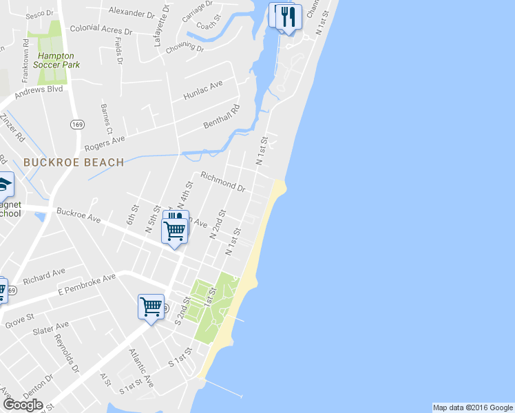 map of restaurants, bars, coffee shops, grocery stores, and more near 340 North 1st Street in Hampton