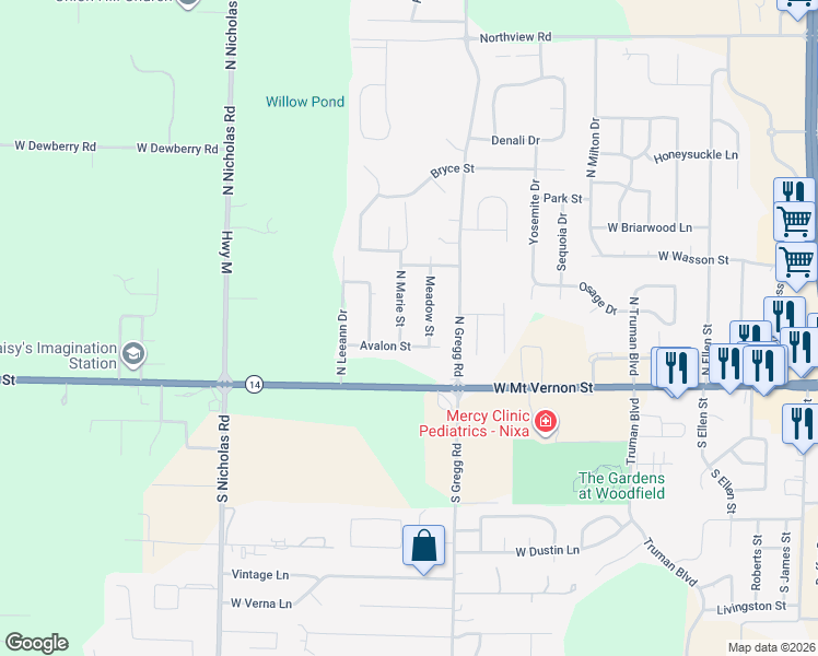 map of restaurants, bars, coffee shops, grocery stores, and more near 206 North Marie Street in Nixa