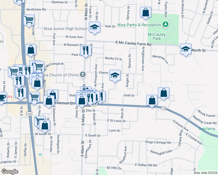 map of restaurants, bars, coffee shops, grocery stores, and more near 301 North Market Street in Nixa