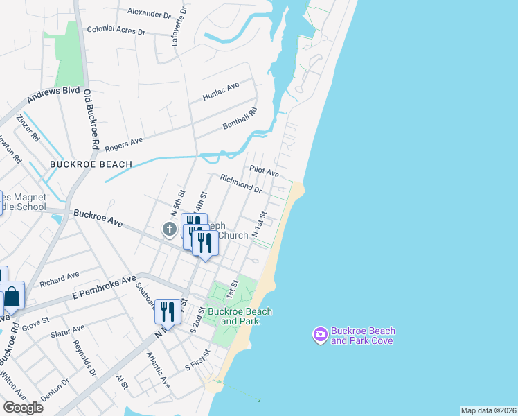 map of restaurants, bars, coffee shops, grocery stores, and more near 232 North 2nd Street in Hampton