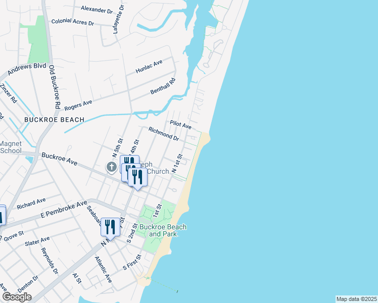 map of restaurants, bars, coffee shops, grocery stores, and more near 340 North 1st Street in Hampton