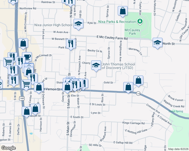 map of restaurants, bars, coffee shops, grocery stores, and more near 301 North Market Street in Nixa