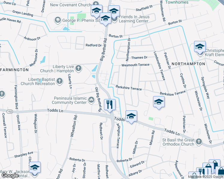 map of restaurants, bars, coffee shops, grocery stores, and more near 936 Big Bethel Road in Hampton