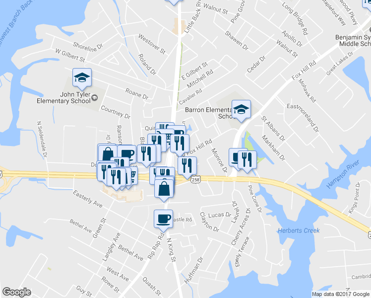 map of restaurants, bars, coffee shops, grocery stores, and more near 424 Jonquil Lane in Hampton