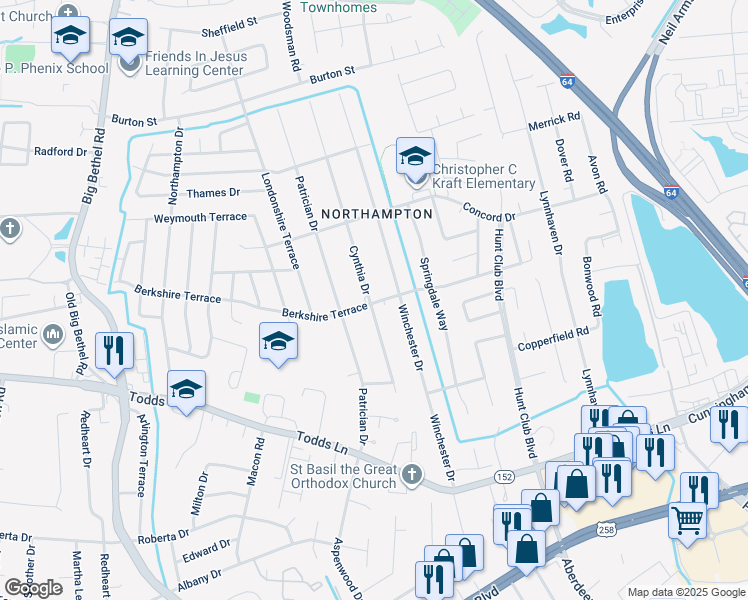 map of restaurants, bars, coffee shops, grocery stores, and more near 204 Cynthia Drive in Hampton