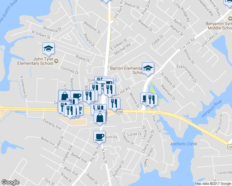 map of restaurants, bars, coffee shops, grocery stores, and more near 523 Jonquil Lane in Hampton
