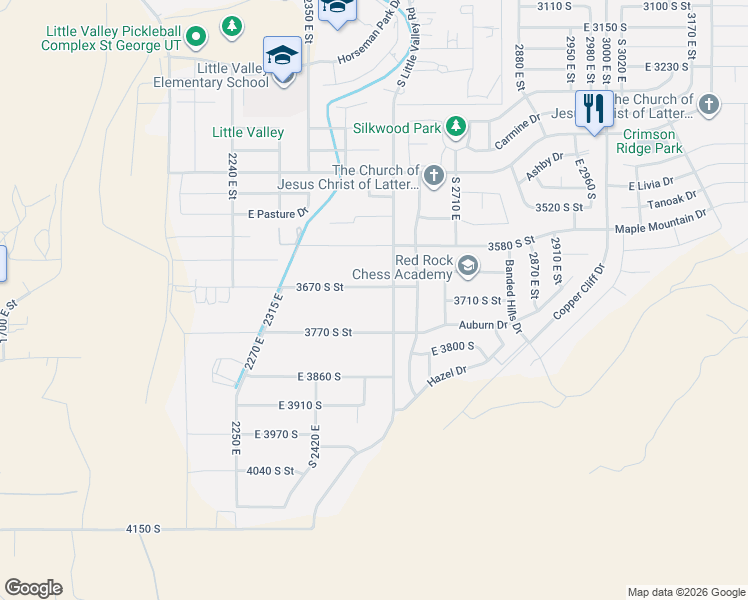 map of restaurants, bars, coffee shops, grocery stores, and more near 2536 East 3670 South in St. George
