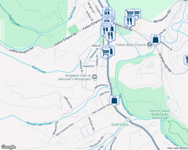 map of restaurants, bars, coffee shops, grocery stores, and more near 5815 Valley Drive in Felton