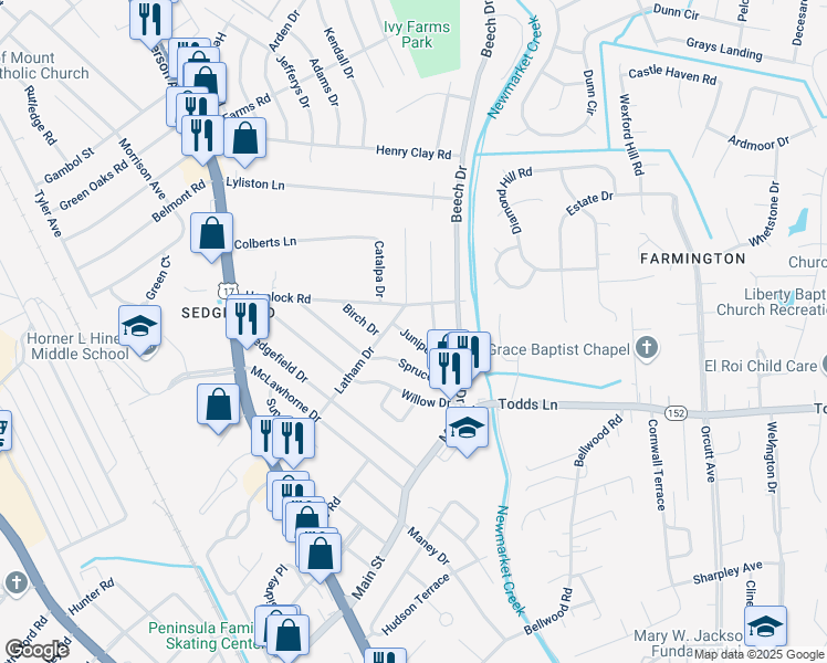 map of restaurants, bars, coffee shops, grocery stores, and more near 707 Juniper Drive in Newport News