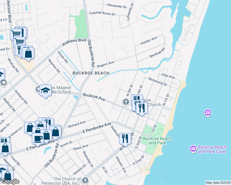 map of restaurants, bars, coffee shops, grocery stores, and more near 519 Tappan Avenue in Hampton
