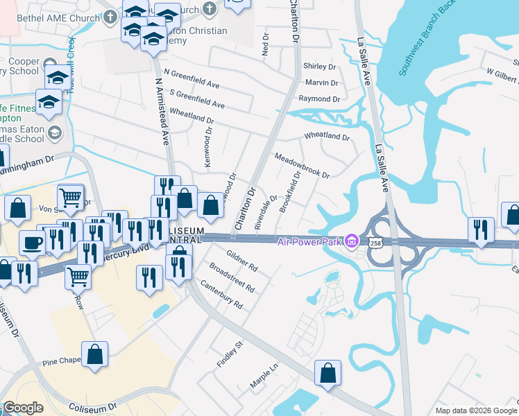 map of restaurants, bars, coffee shops, grocery stores, and more near 12 Charlton Drive in Hampton