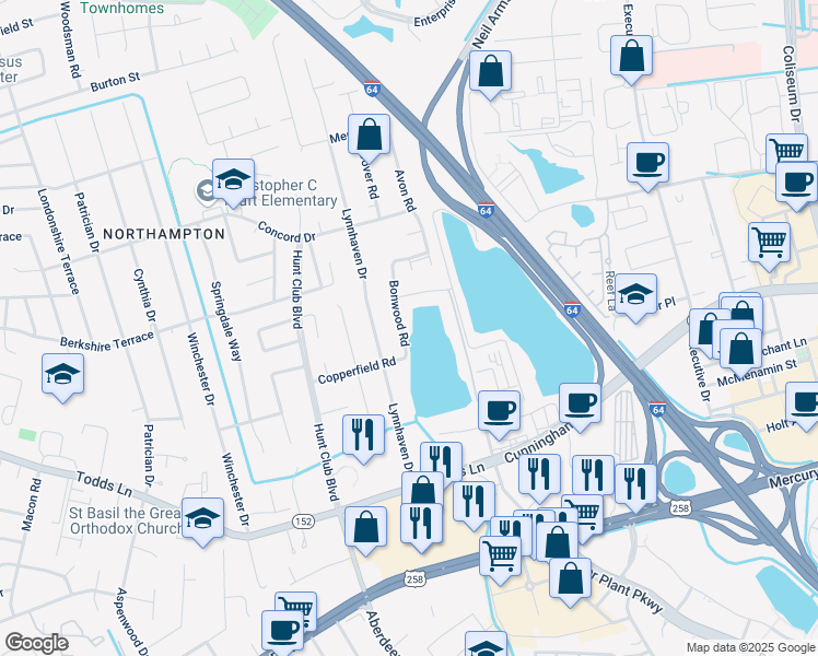 map of restaurants, bars, coffee shops, grocery stores, and more near 108 Bonwood Road in Hampton
