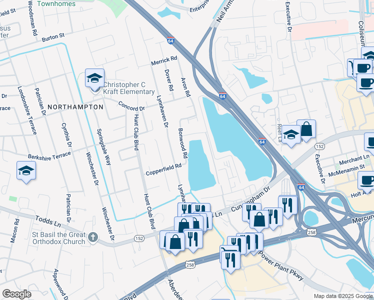map of restaurants, bars, coffee shops, grocery stores, and more near 108 Bonwood Road in Hampton