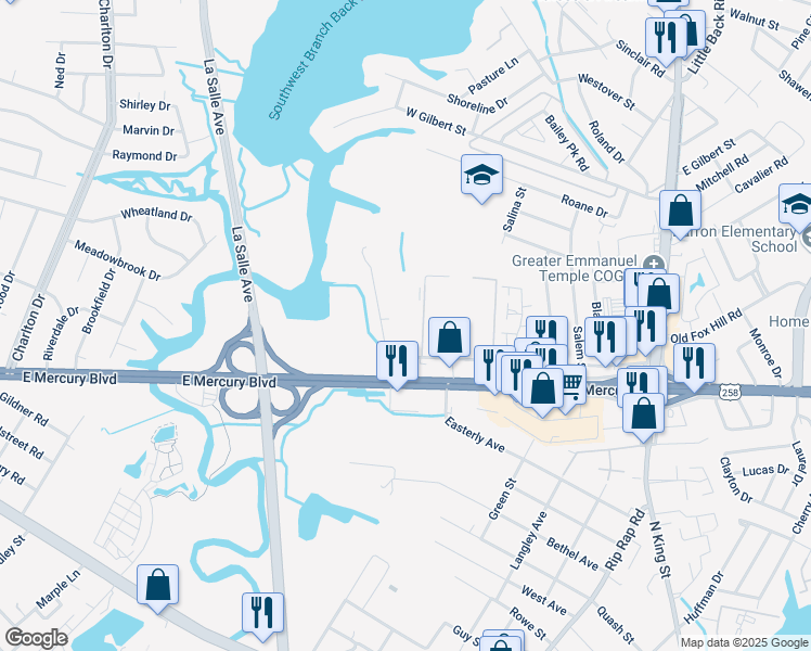 map of restaurants, bars, coffee shops, grocery stores, and more near 2014 North Seldendale Drive in Hampton