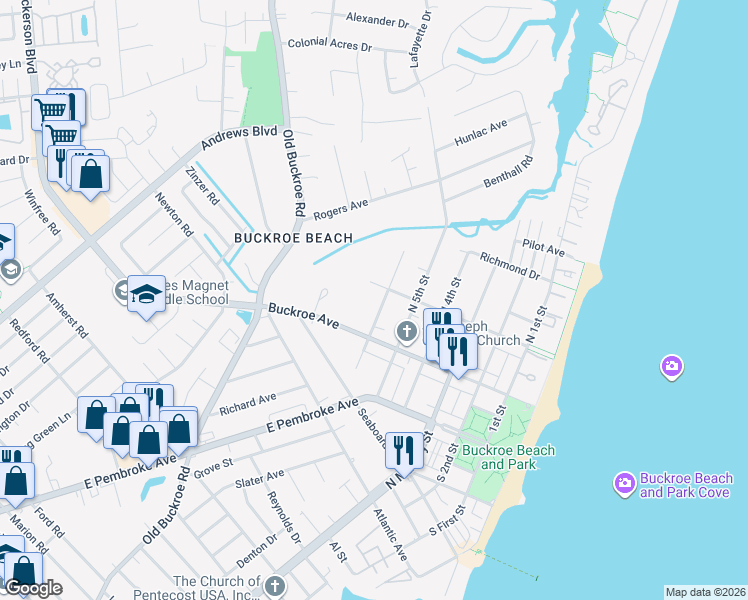 map of restaurants, bars, coffee shops, grocery stores, and more near 519 Tappan Avenue in Hampton