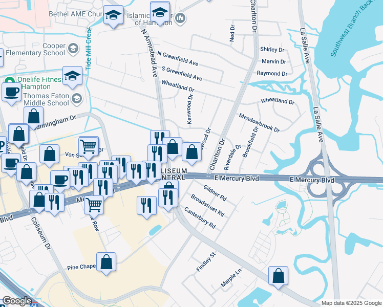 map of restaurants, bars, coffee shops, grocery stores, and more near 13 Inglewood Drive in Hampton