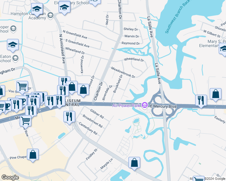 map of restaurants, bars, coffee shops, grocery stores, and more near 11 Brookfield Drive in Hampton