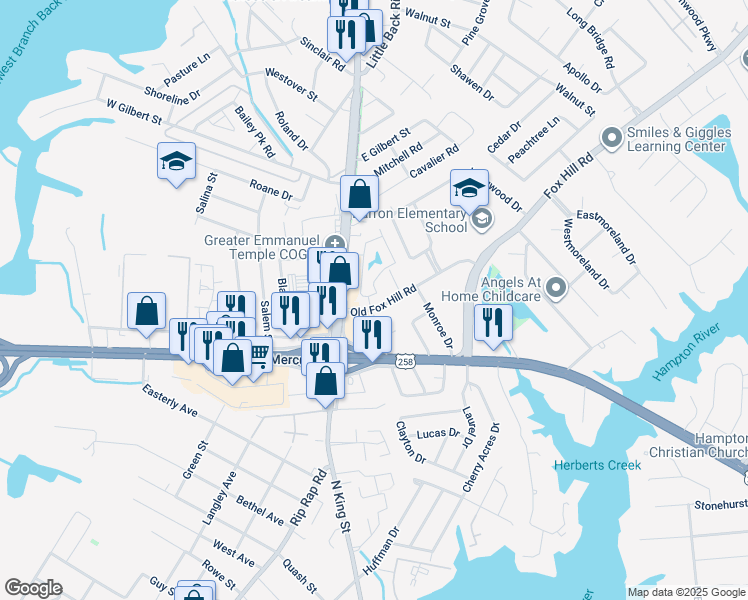 map of restaurants, bars, coffee shops, grocery stores, and more near 525 Jonquil Lane in Hampton