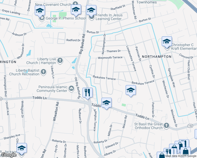 map of restaurants, bars, coffee shops, grocery stores, and more near 37 Northampton Drive in Hampton