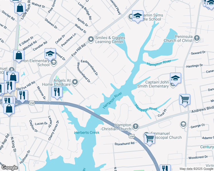map of restaurants, bars, coffee shops, grocery stores, and more near 55 Eastmoreland Drive in Hampton