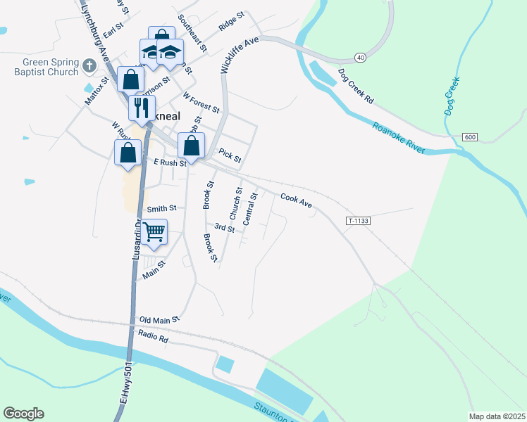 map of restaurants, bars, coffee shops, grocery stores, and more near 114 Barksdale Street in Brookneal