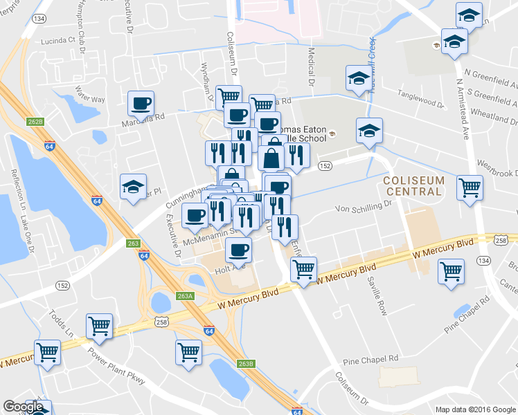 map of restaurants, bars, coffee shops, grocery stores, and more near 1000 Merchant Lane in Hampton