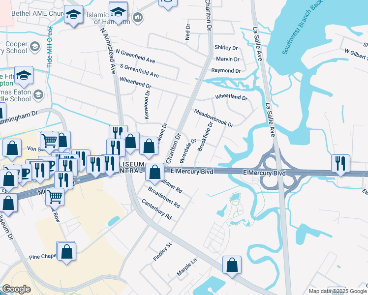 map of restaurants, bars, coffee shops, grocery stores, and more near 9 Riverdale Drive in Hampton