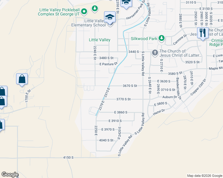 map of restaurants, bars, coffee shops, grocery stores, and more near 2124 East 3670 South in St. George