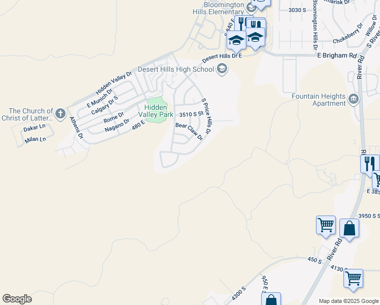 map of restaurants, bars, coffee shops, grocery stores, and more near 3429 South Price Hills Drive in Saint George