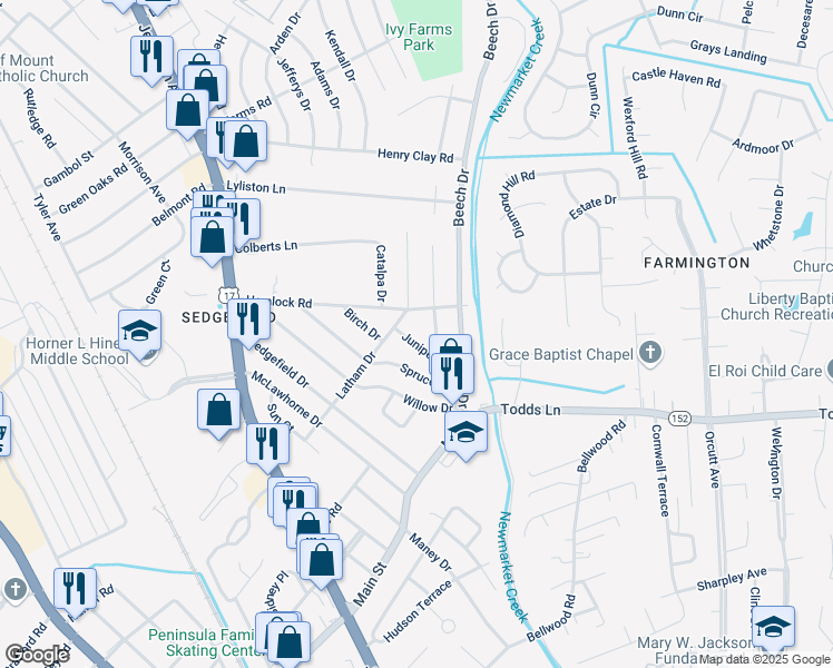 map of restaurants, bars, coffee shops, grocery stores, and more near 707 Juniper Drive in Newport News