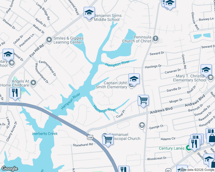 map of restaurants, bars, coffee shops, grocery stores, and more near 300 Beechmount Drive in Hampton