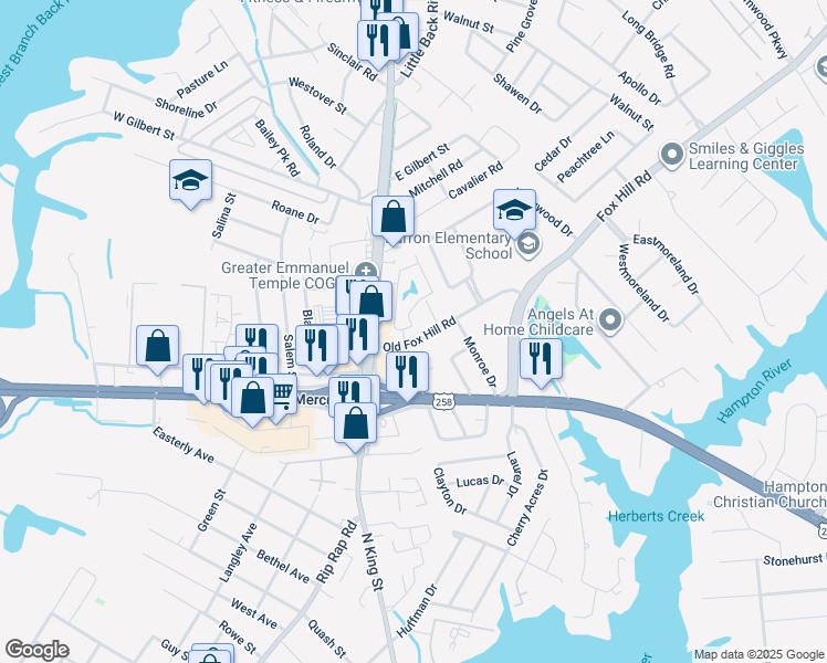 map of restaurants, bars, coffee shops, grocery stores, and more near 516 Jonquil Lane in Hampton