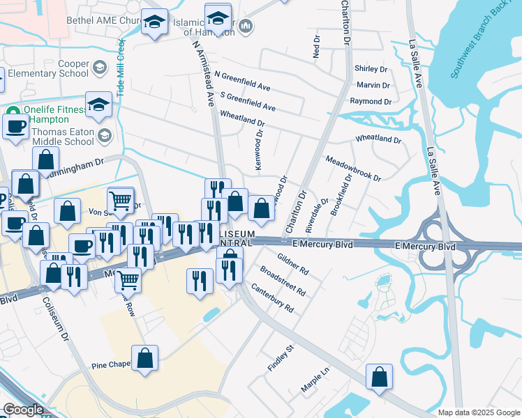 map of restaurants, bars, coffee shops, grocery stores, and more near 13 Inglewood Drive in Hampton
