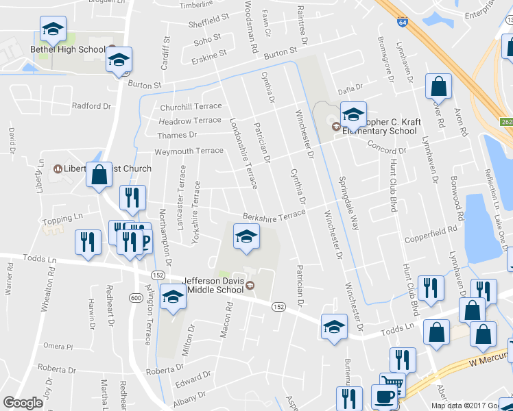 map of restaurants, bars, coffee shops, grocery stores, and more near 37 Londonshire Terrace in Hampton