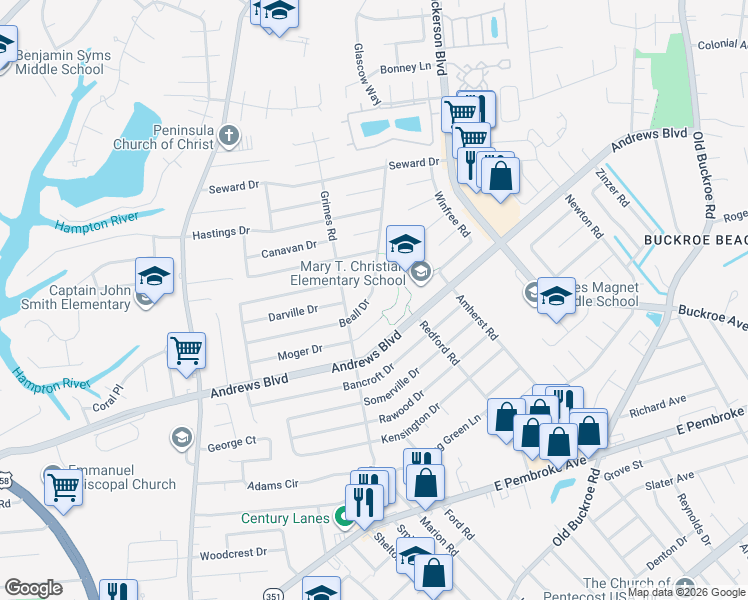 map of restaurants, bars, coffee shops, grocery stores, and more near 1912 Beall Drive in Hampton
