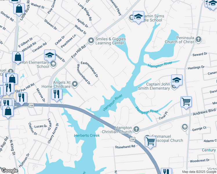 map of restaurants, bars, coffee shops, grocery stores, and more near 55 Eastmoreland Drive in Hampton