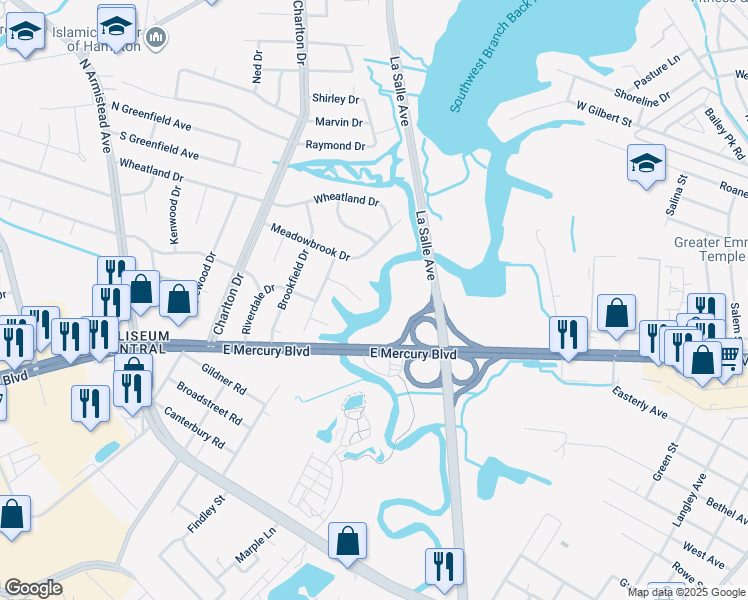 map of restaurants, bars, coffee shops, grocery stores, and more near 13 Tom Jones Court in Hampton